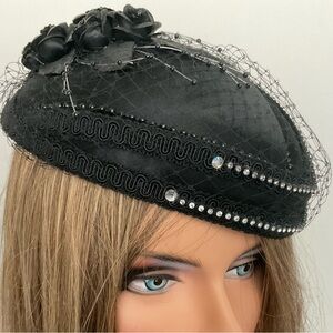 Ashro Black Veiled Rhinestone Embellished Floral Pill Box Hat